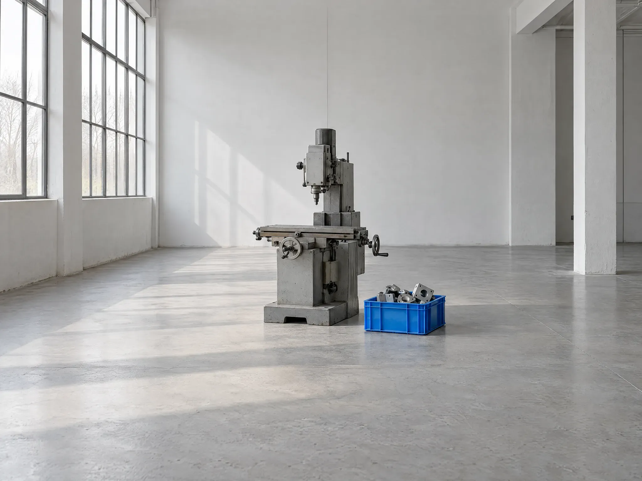 A clean factory floor with a grey steel machine and one blue crate of finished parts
