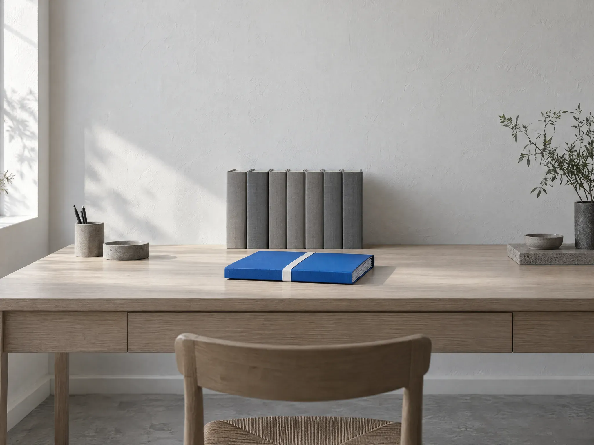 A quiet law office desk with a row of grey bound law reports and one blue case file tied with tape