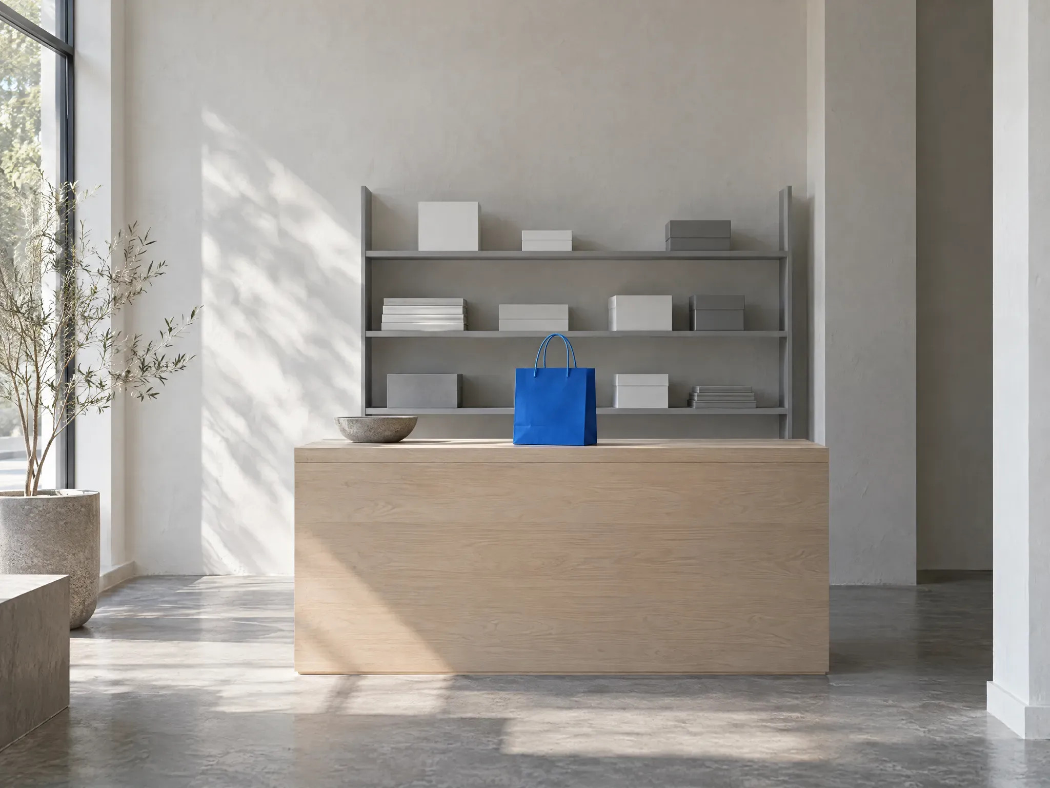 A small shop counter with grey shelves of plain boxes and one blue paper shopping bag