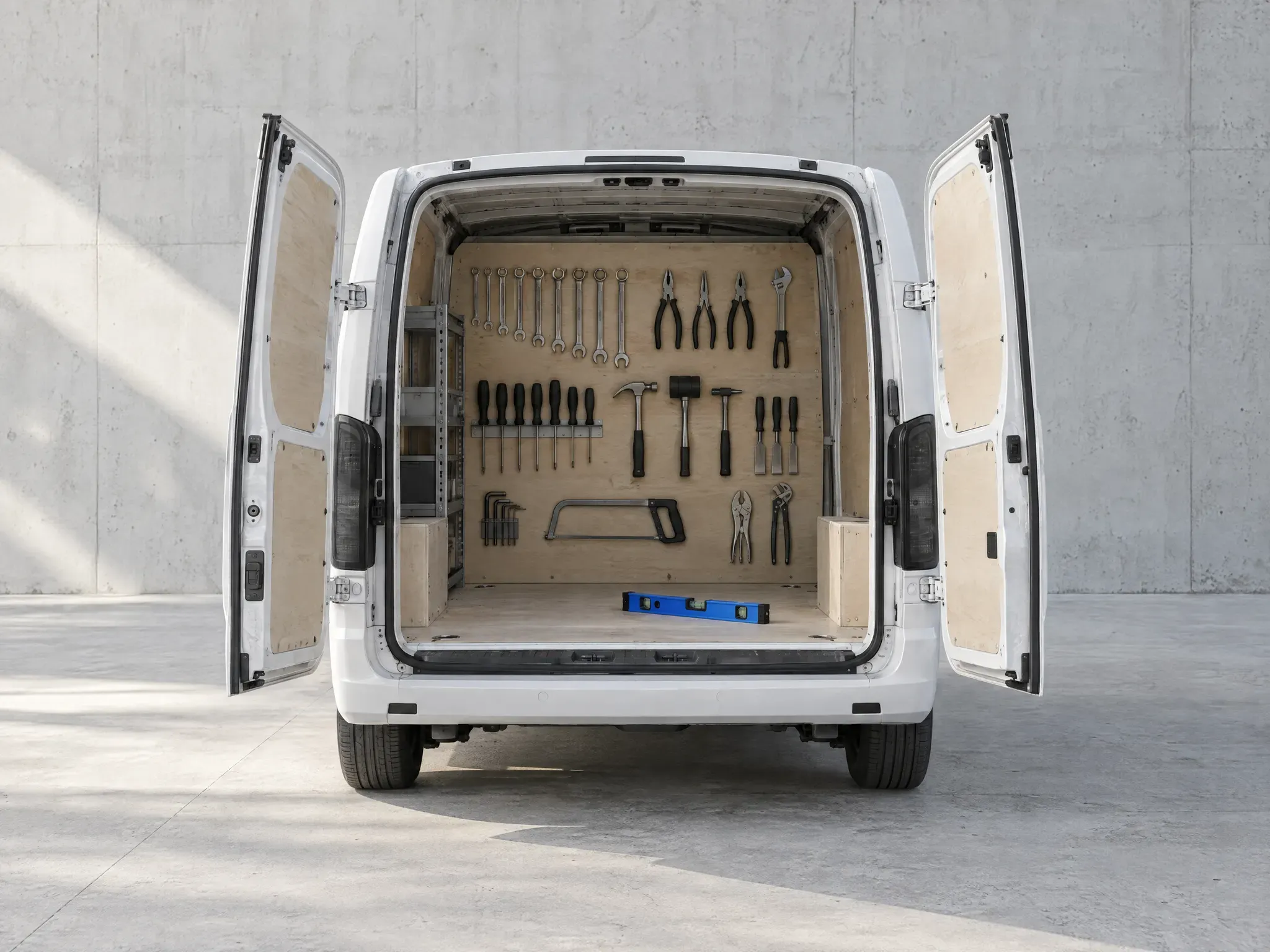 The open back of a plain white van with a tidy rack of hand tools and a blue spirit level